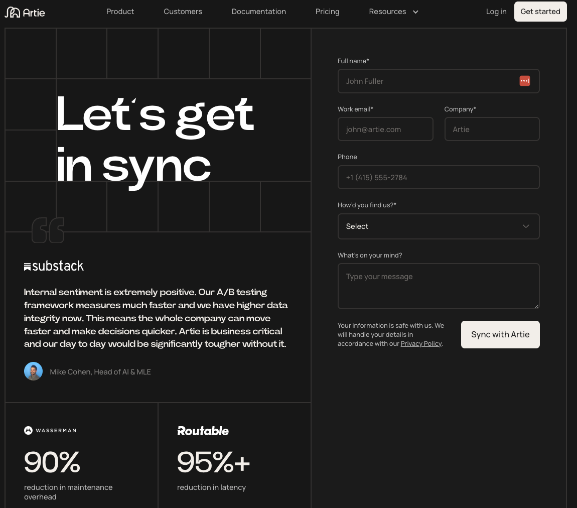 Страница регистрации Artie