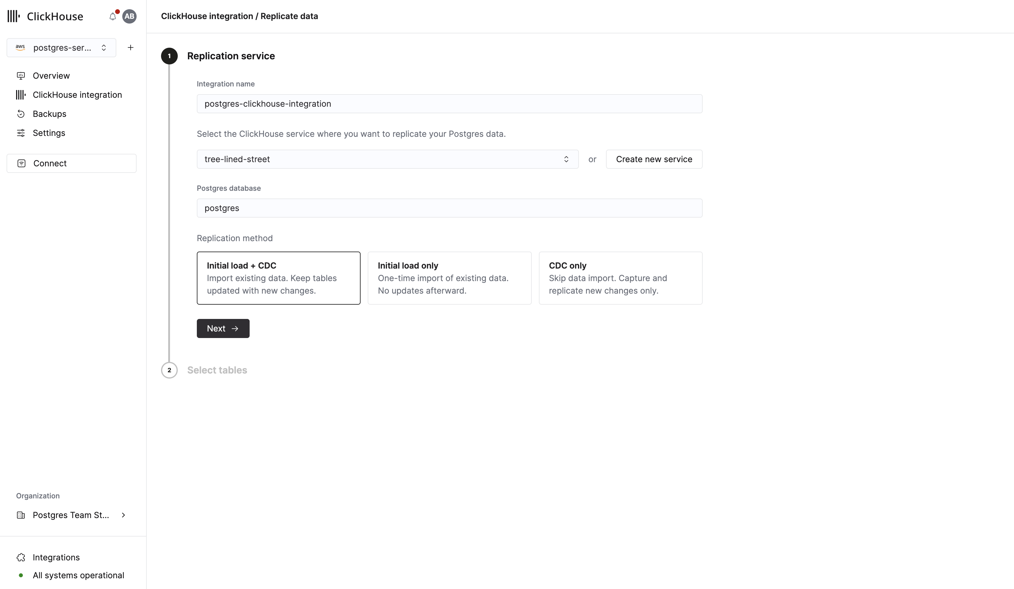Managed Postgres integration form