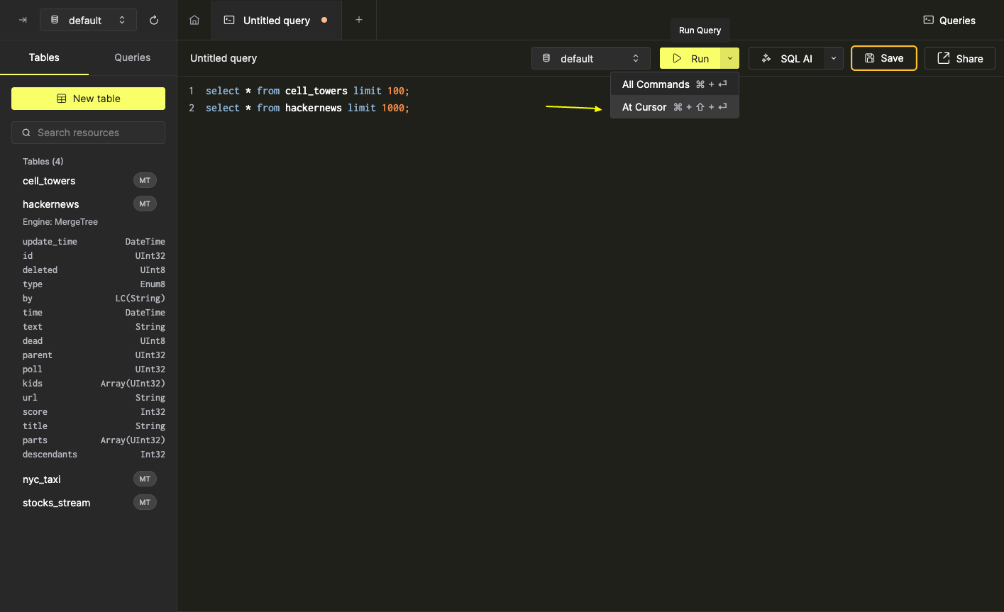 выполнение в позиции курсора