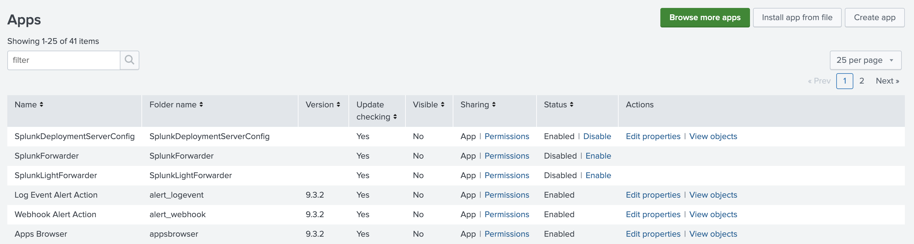 Интерфейс Splunk Enterprise со страницей управления приложениями и опцией Install app from file