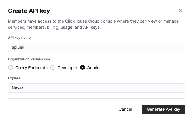 Консоль ClickHouse Cloud с интерфейсом создания API Key и выбранными привилегиями Admin